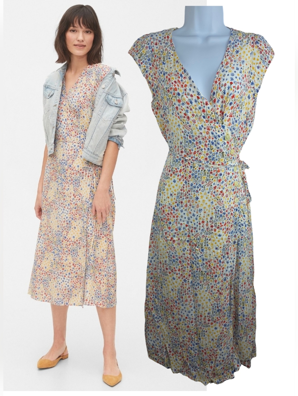 GAP Size 4 Floral Wrap Midi Dress Multicolor Breezy Lined 3588-CP